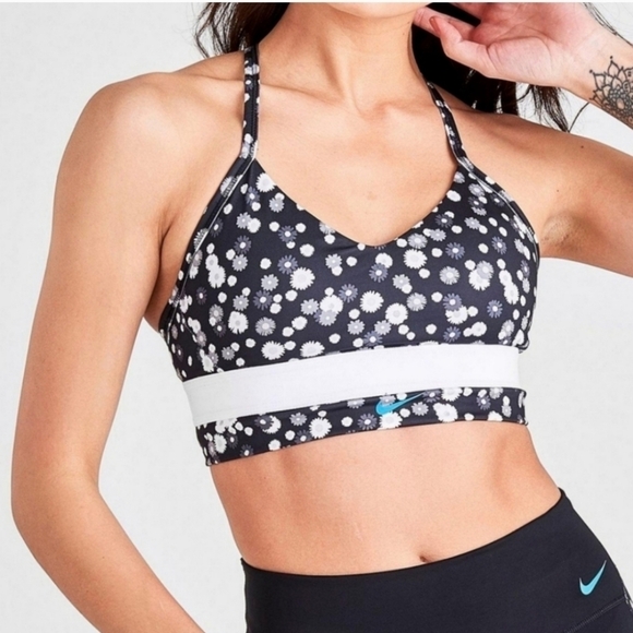 Nike Dri-Fit Indy Black & White Floral Print Swoosh Logo Racerback Sports Bra - Picture 1 of 7